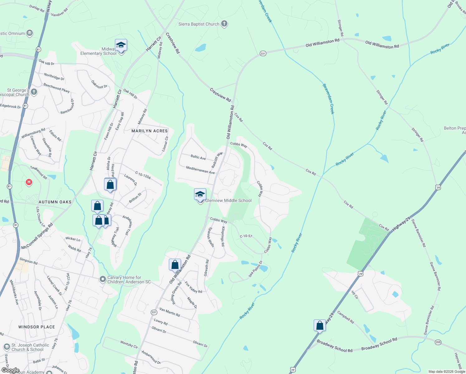 map of restaurants, bars, coffee shops, grocery stores, and more near 1217 Cobbs Glen Drive in Anderson