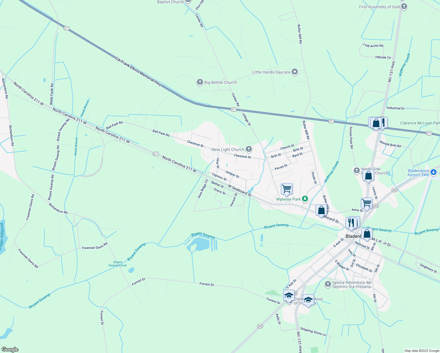 map of restaurants, bars, coffee shops, grocery stores, and more near 106 Cypress Street in Bladenboro