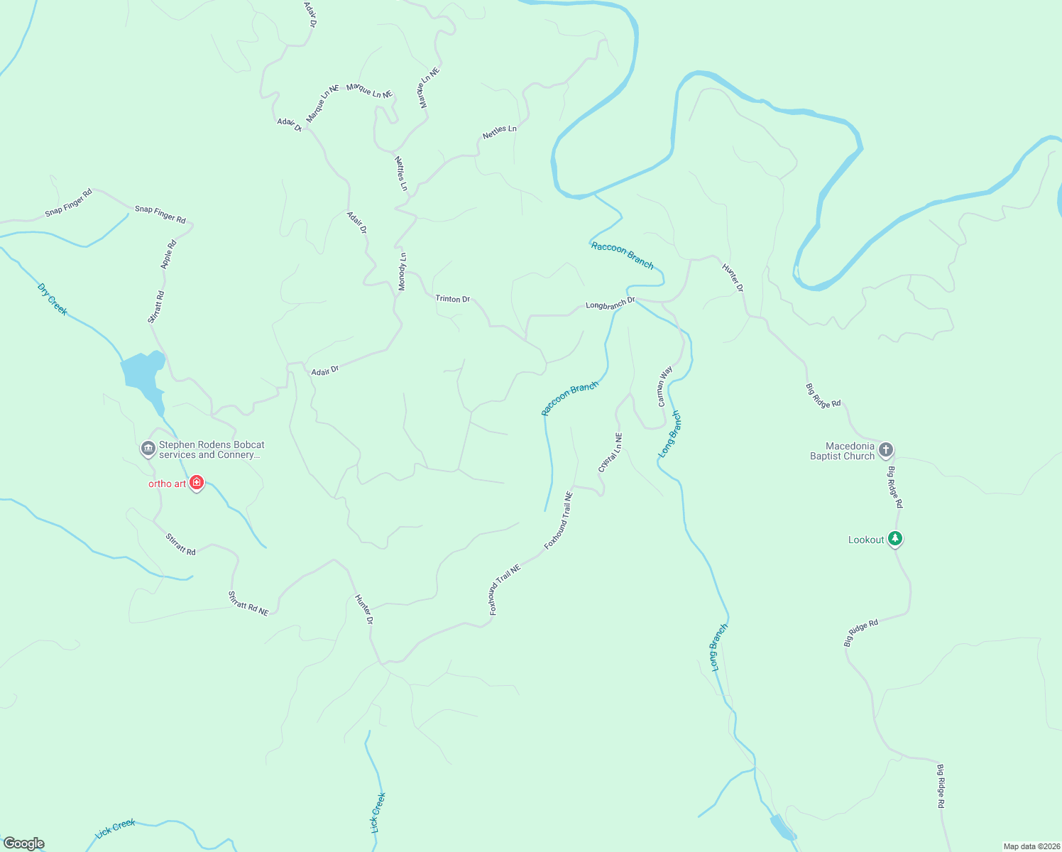 map of restaurants, bars, coffee shops, grocery stores, and more near 1415 Foxhound Trail Northeast in Ranger