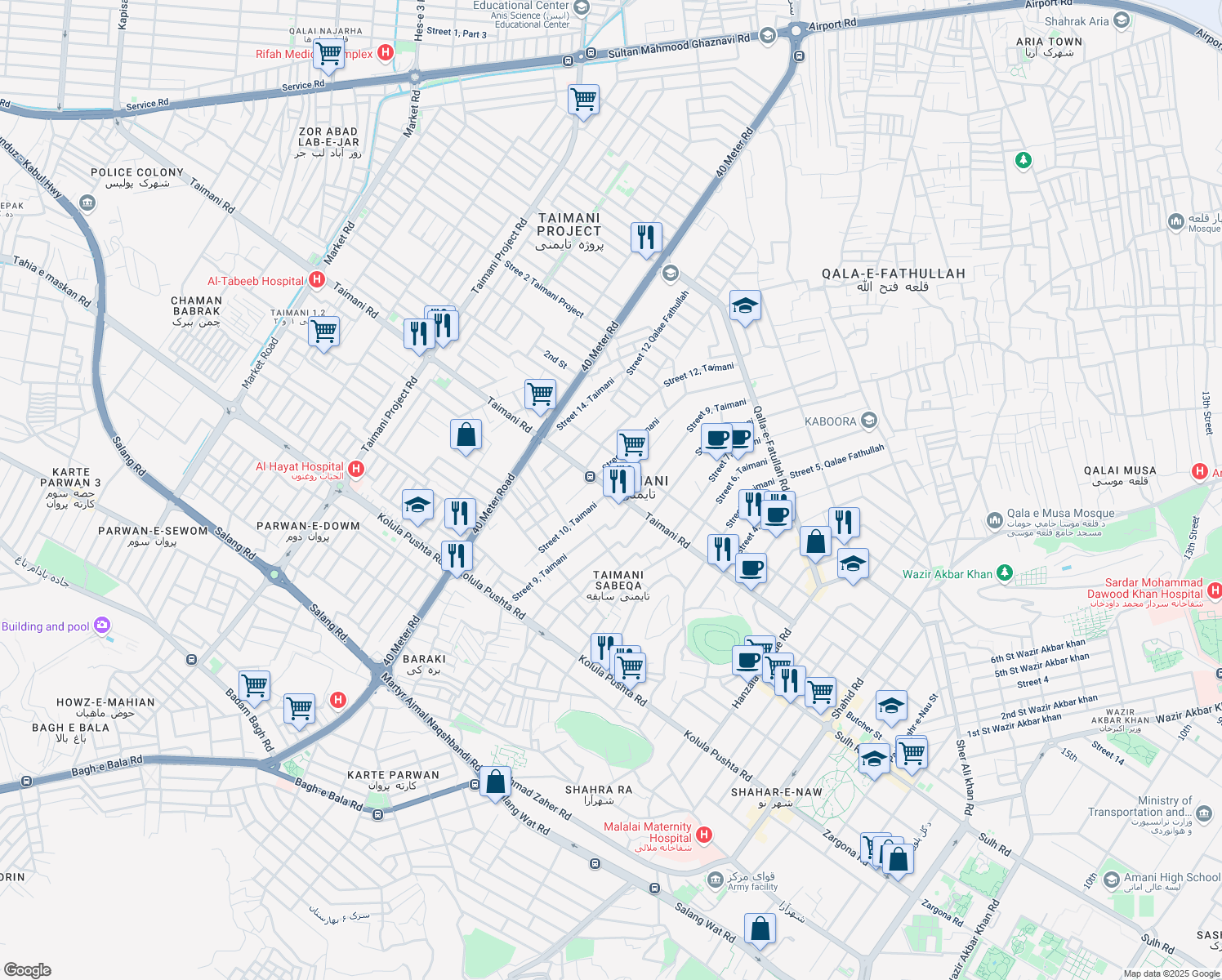 map of restaurants, bars, coffee shops, grocery stores, and more near Taimani Rd in Kabul