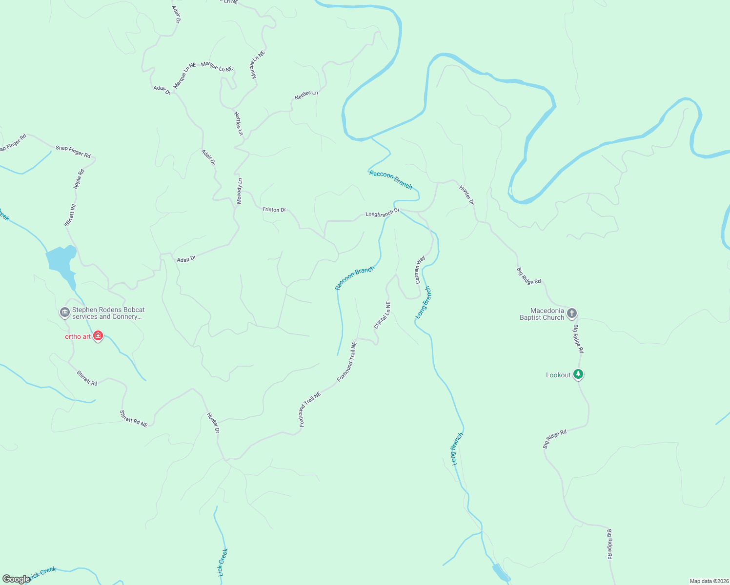 map of restaurants, bars, coffee shops, grocery stores, and more near 1417 Foxhound Trail Northeast in Ranger