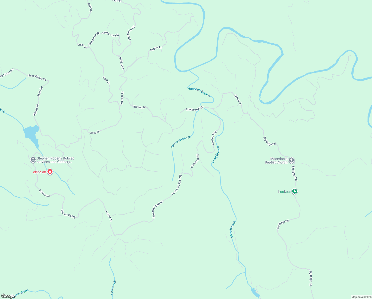 map of restaurants, bars, coffee shops, grocery stores, and more near 1417 Foxhound Trail Northeast in Ranger