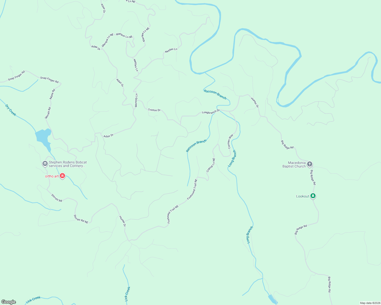 map of restaurants, bars, coffee shops, grocery stores, and more near 1415 Foxhound Trail Northeast in Ranger