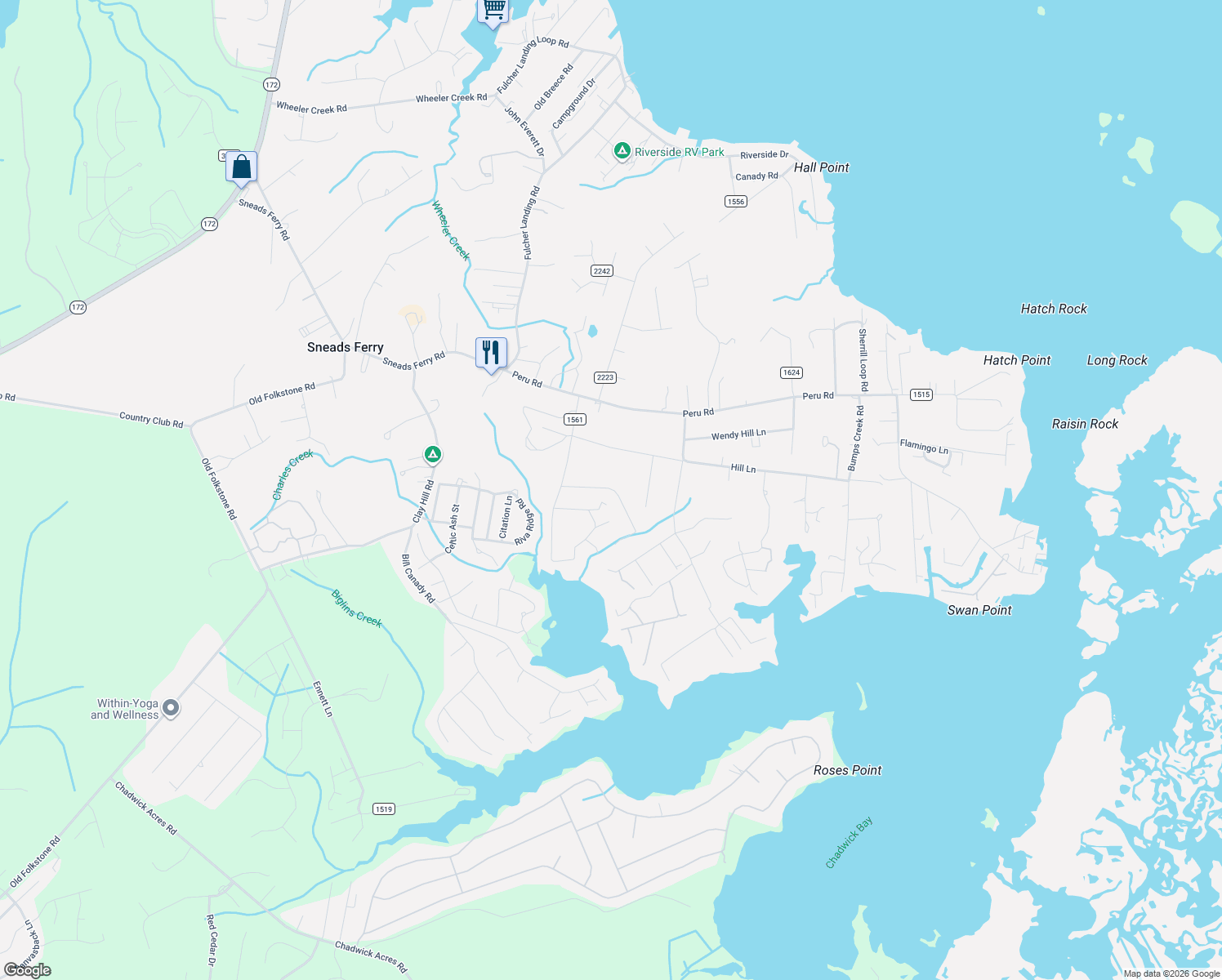 map of restaurants, bars, coffee shops, grocery stores, and more near 435 Crows Nest Ln in Sneads Ferry