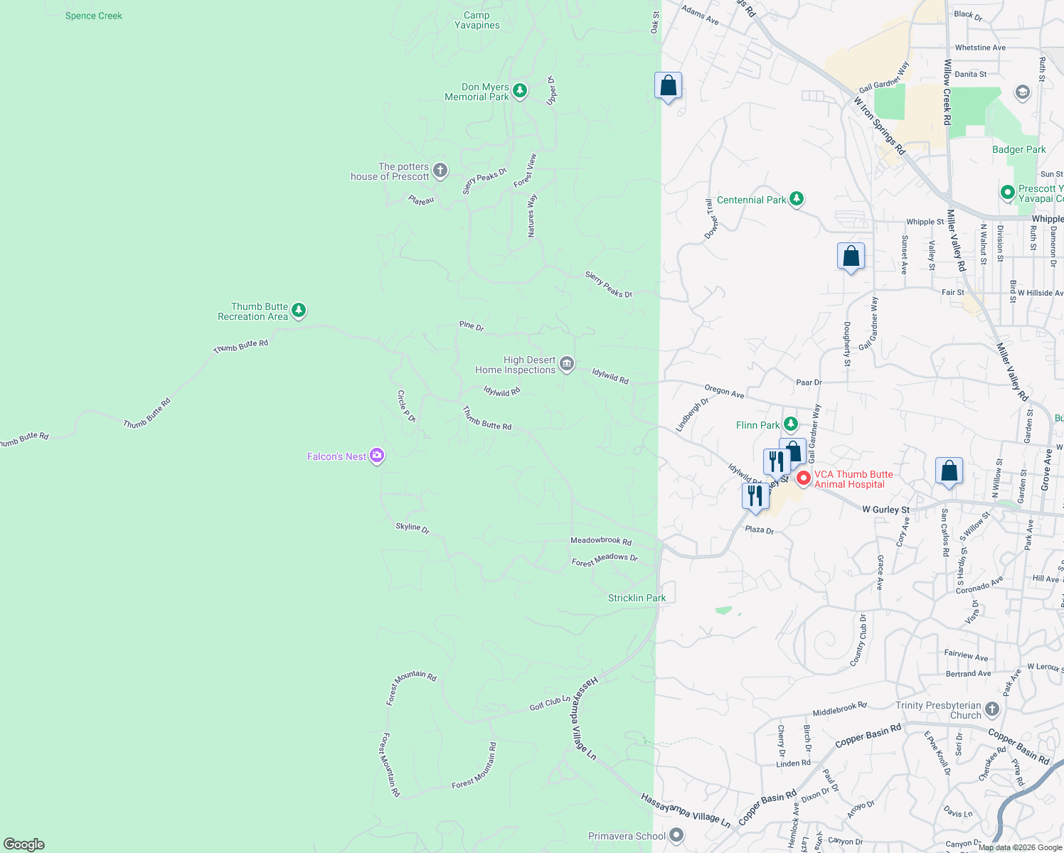 map of restaurants, bars, coffee shops, grocery stores, and more near 2050 Ponderosa Lane in Prescott