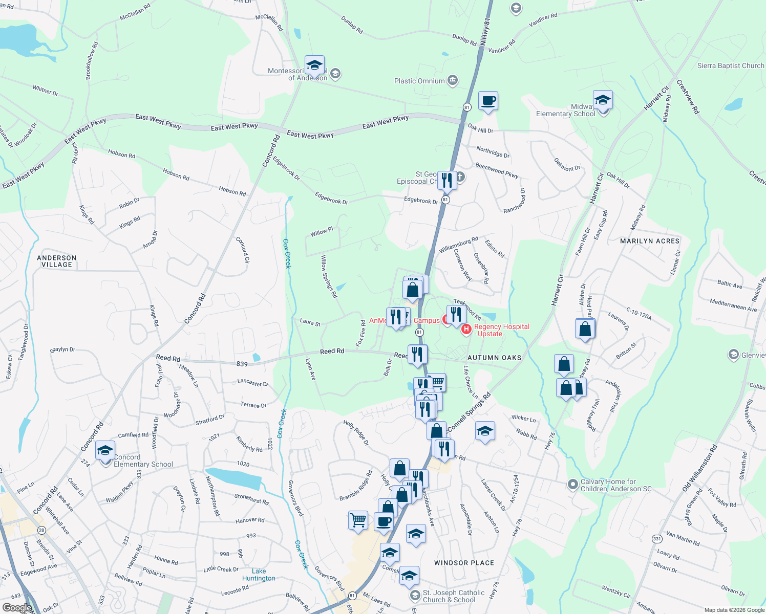 map of restaurants, bars, coffee shops, grocery stores, and more near 2015 Cardinal Circle in Anderson