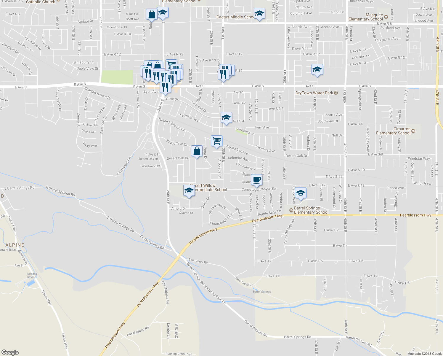 map of restaurants, bars, coffee shops, grocery stores, and more near 36624 Arbolada Lane in Palmdale