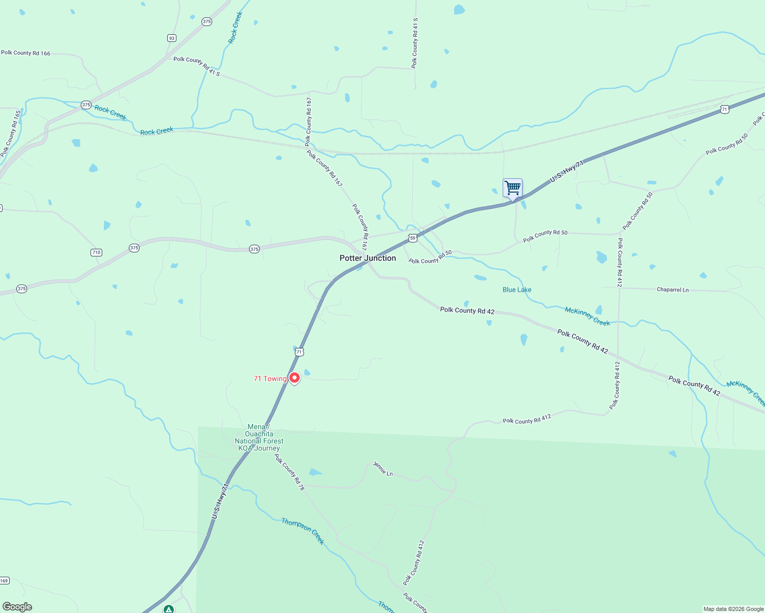 map of restaurants, bars, coffee shops, grocery stores, and more near 128 Polk Road 42 in Mena