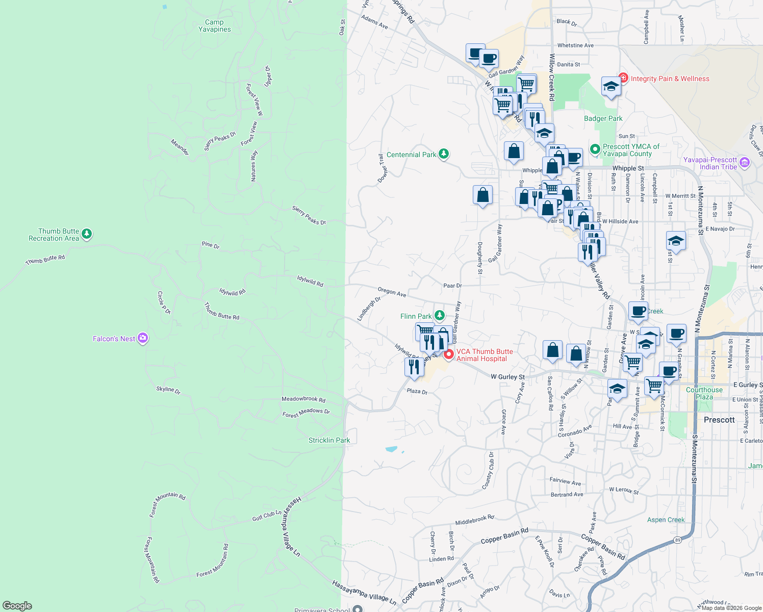 map of restaurants, bars, coffee shops, grocery stores, and more near 362-398 Lindbergh Dr in Prescott