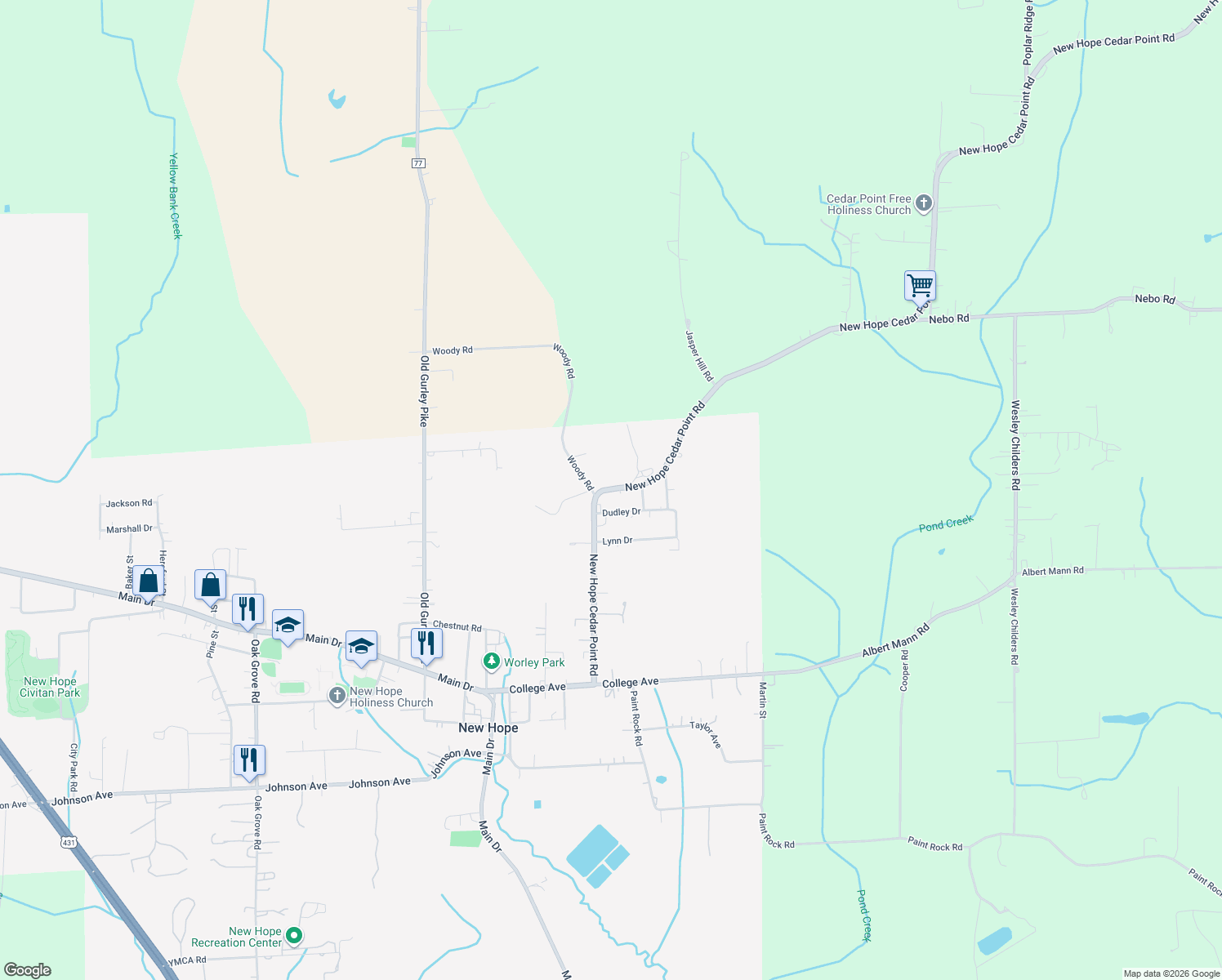 map of restaurants, bars, coffee shops, grocery stores, and more near 364 New Hope Cedar Point Road in New Hope