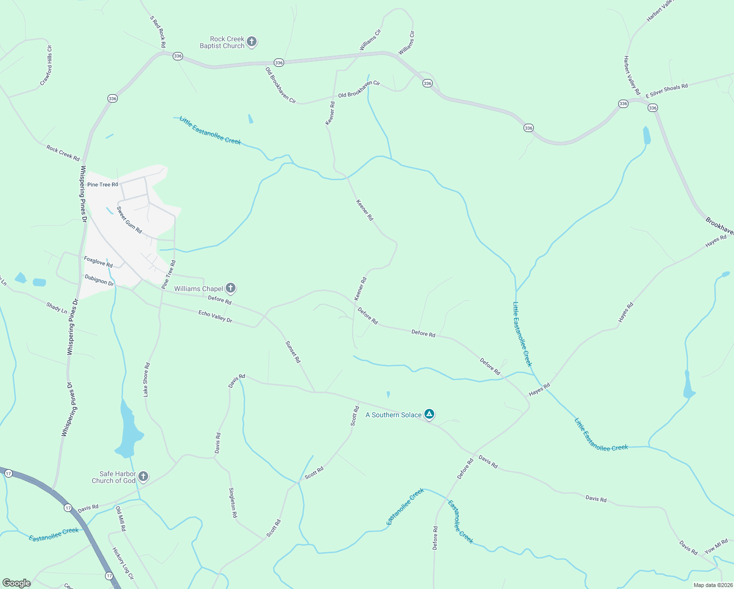 map of restaurants, bars, coffee shops, grocery stores, and more near 5000-5104 Keener Road in Toccoa