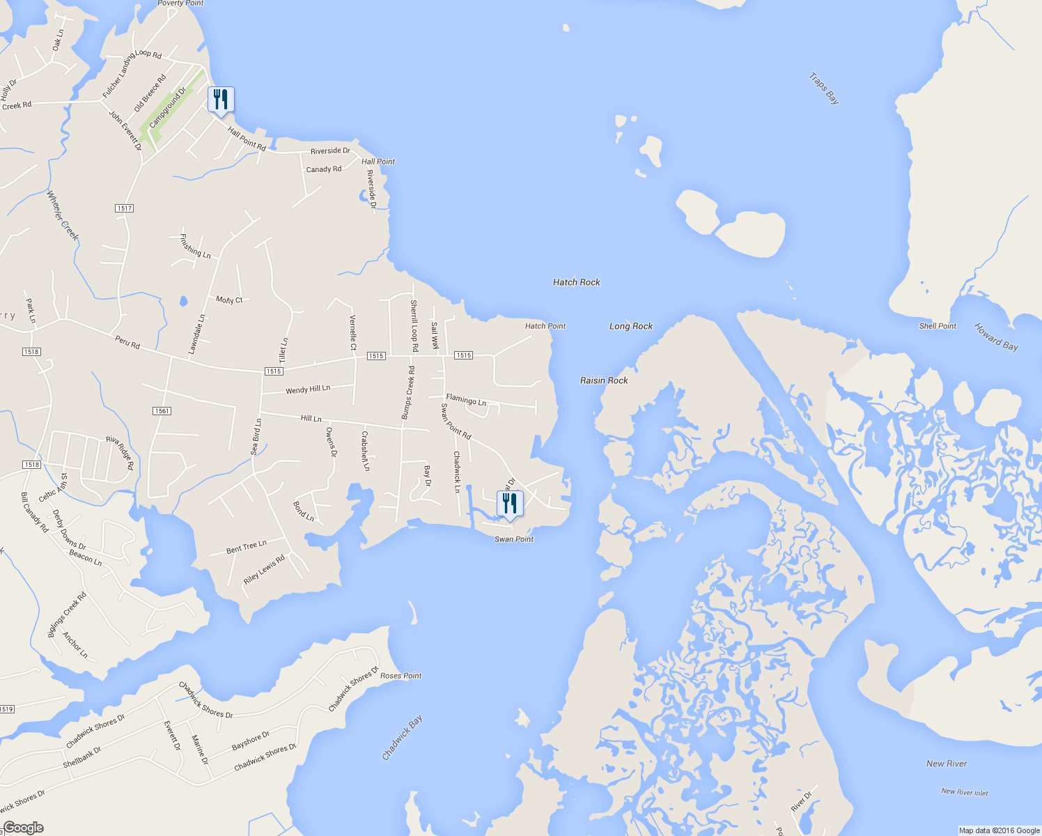 map of restaurants, bars, coffee shops, grocery stores, and more near 176 Flamingo Lane in Sneads Ferry