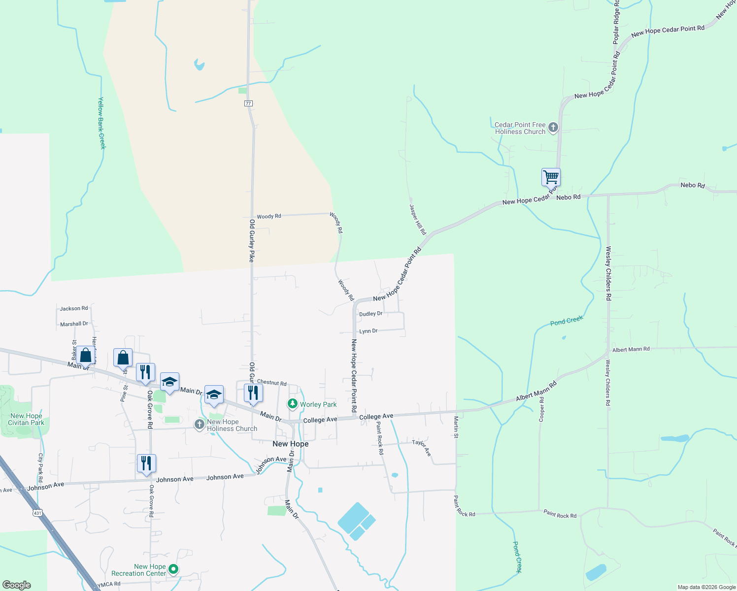 map of restaurants, bars, coffee shops, grocery stores, and more near 364 New Hope Cedar Point Road in New Hope