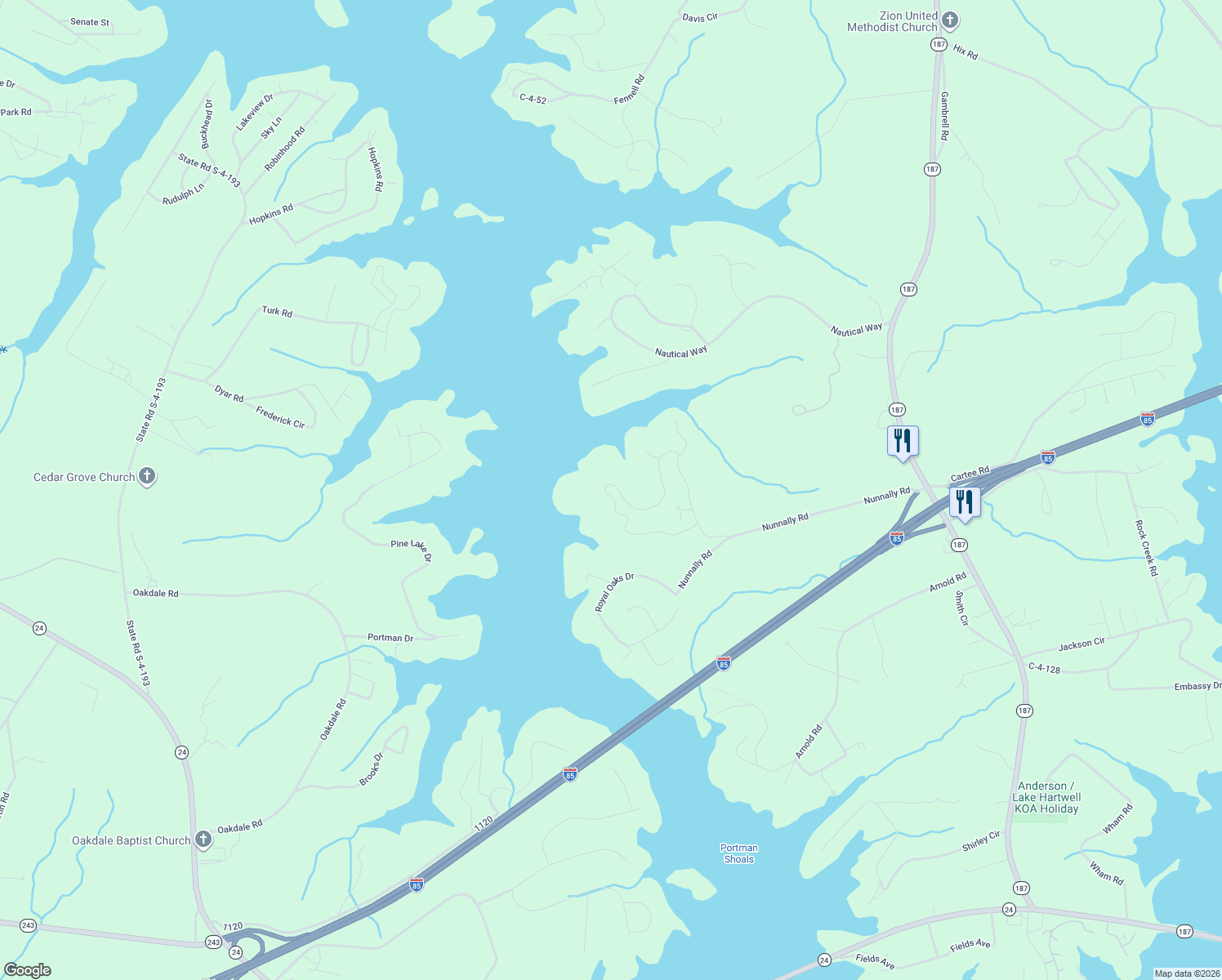 map of restaurants, bars, coffee shops, grocery stores, and more near 155 Inlet Pointe Drive in Anderson