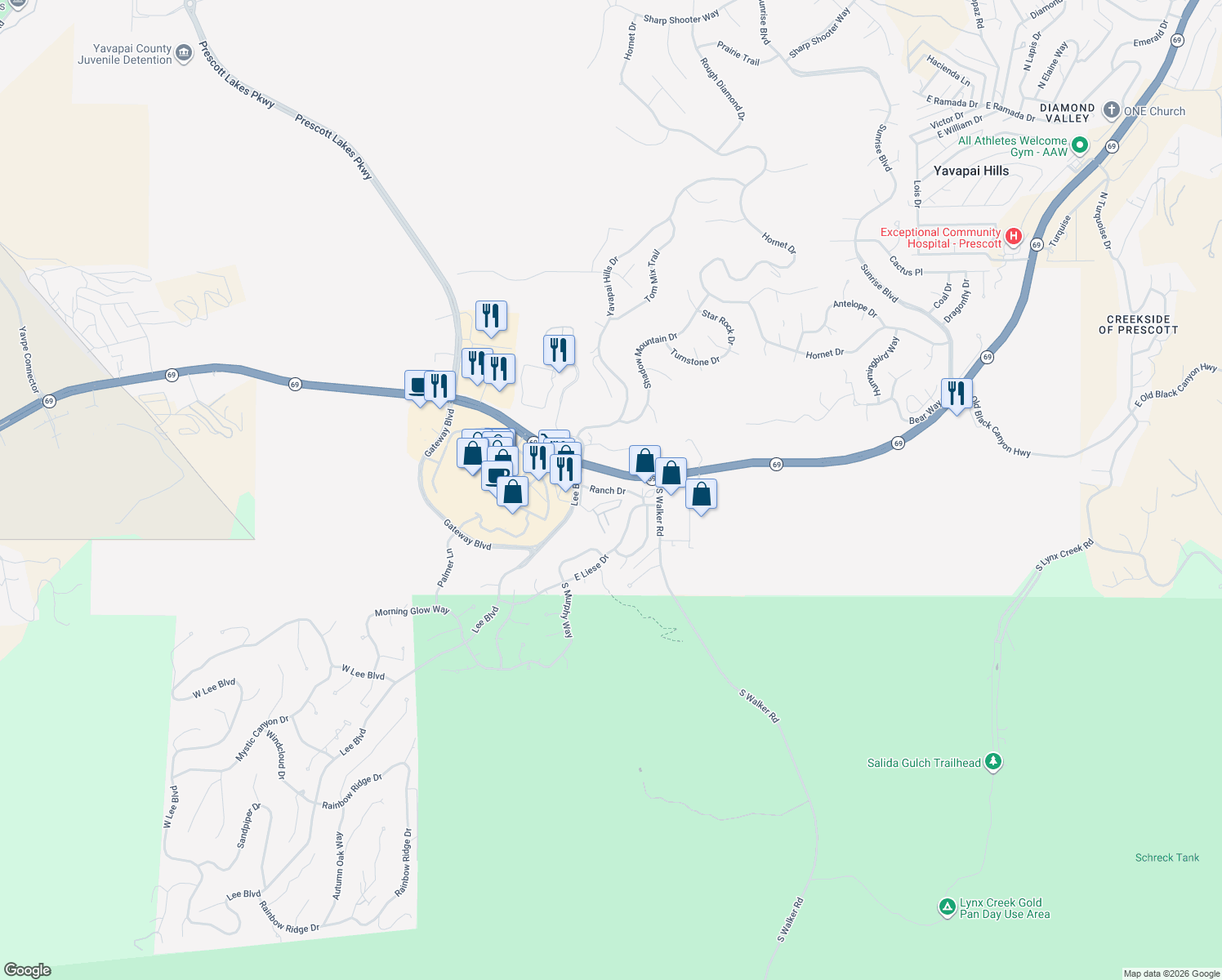 map of restaurants, bars, coffee shops, grocery stores, and more near Ranch Drive in Prescott