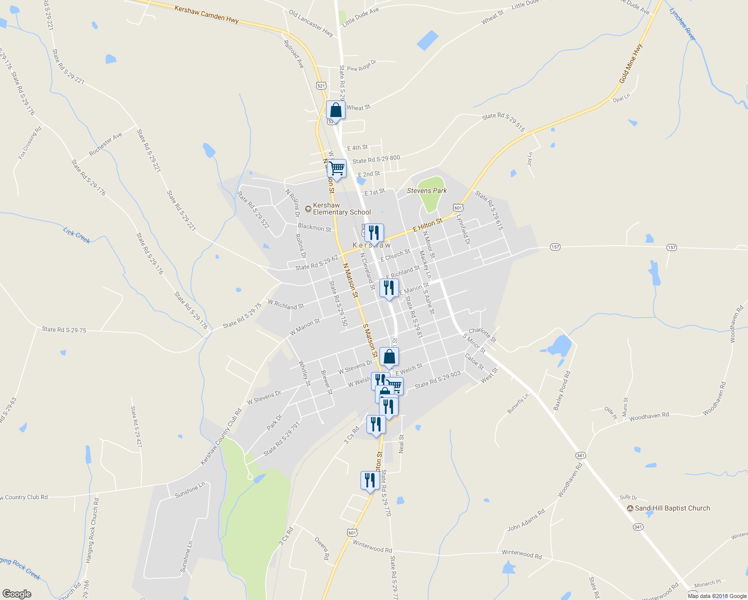 map of restaurants, bars, coffee shops, grocery stores, and more near 101 North Cleveland Street in Kershaw