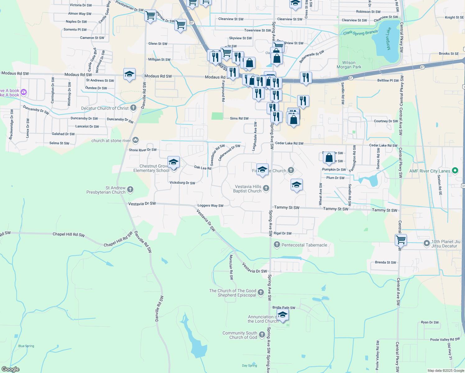 map of restaurants, bars, coffee shops, grocery stores, and more near 3210 Trails End Southwest in Decatur