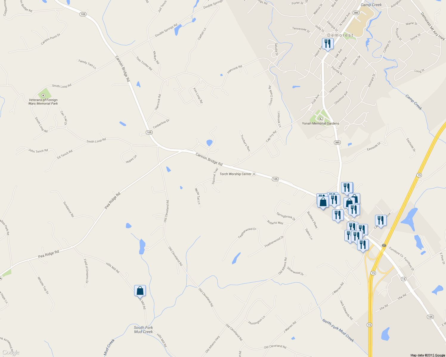map of restaurants, bars, coffee shops, grocery stores, and more near 213 Bike Lane in Demorest