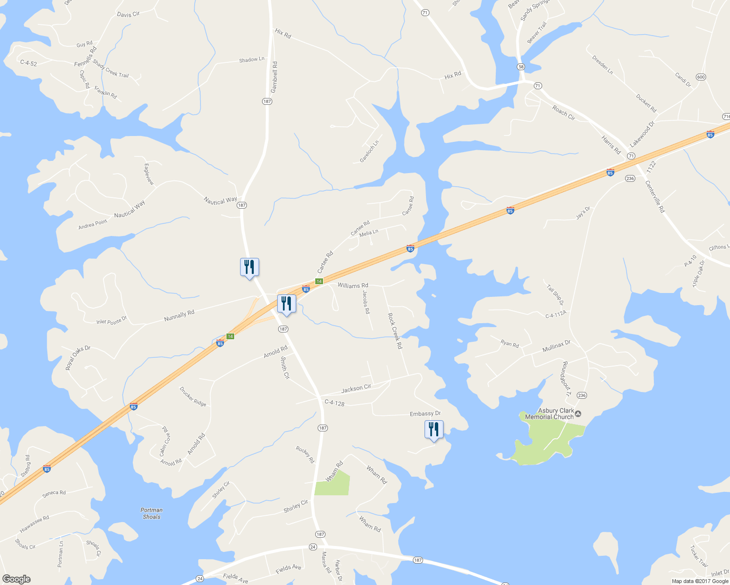 map of restaurants, bars, coffee shops, grocery stores, and more near 115 Jacobs Road in Anderson