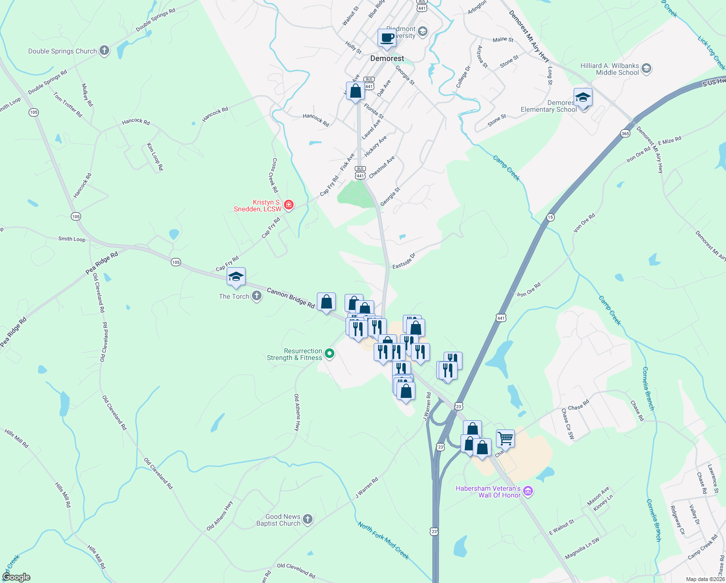 map of restaurants, bars, coffee shops, grocery stores, and more near 177 Hardyville Circle in Cornelia
