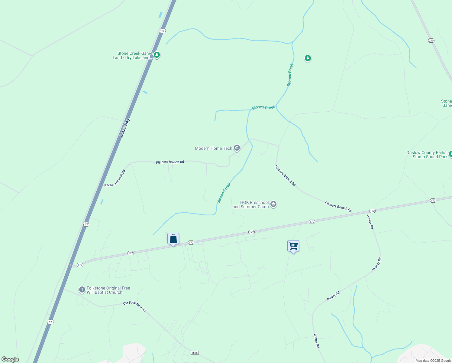 map of restaurants, bars, coffee shops, grocery stores, and more near 320 Pilchers Branch Road in Holly Ridge