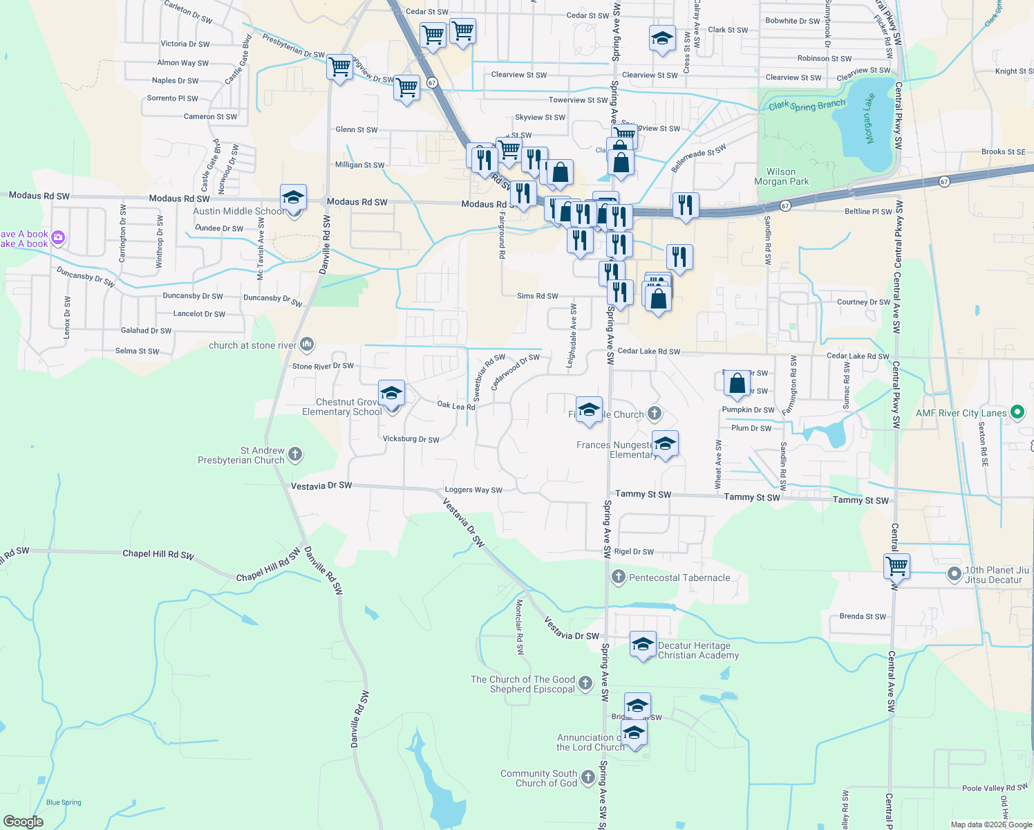 map of restaurants, bars, coffee shops, grocery stores, and more near 1110 Way Thru The Woods Southwest in Decatur