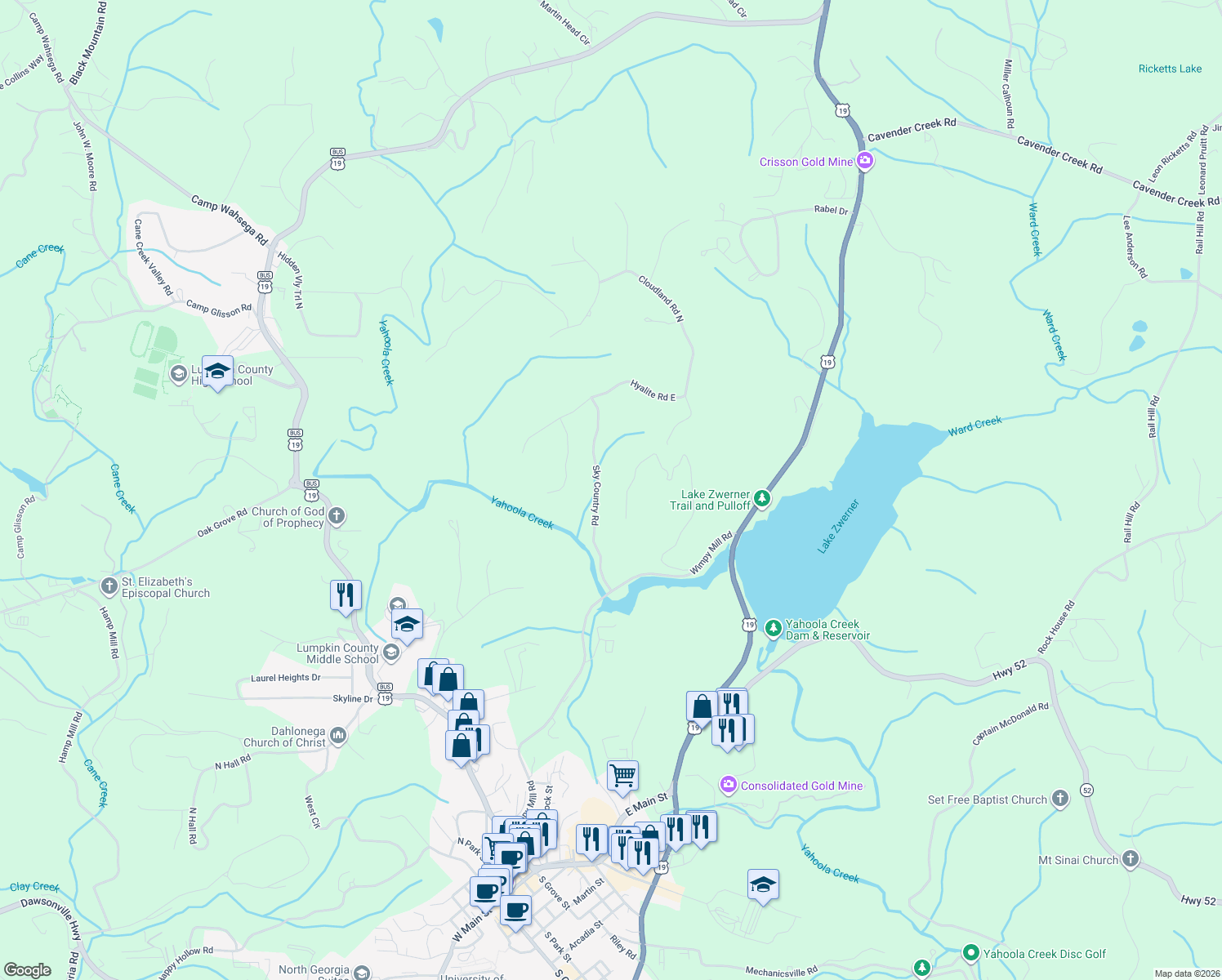 map of restaurants, bars, coffee shops, grocery stores, and more near 296 Sky Country Rd in Dahlonega