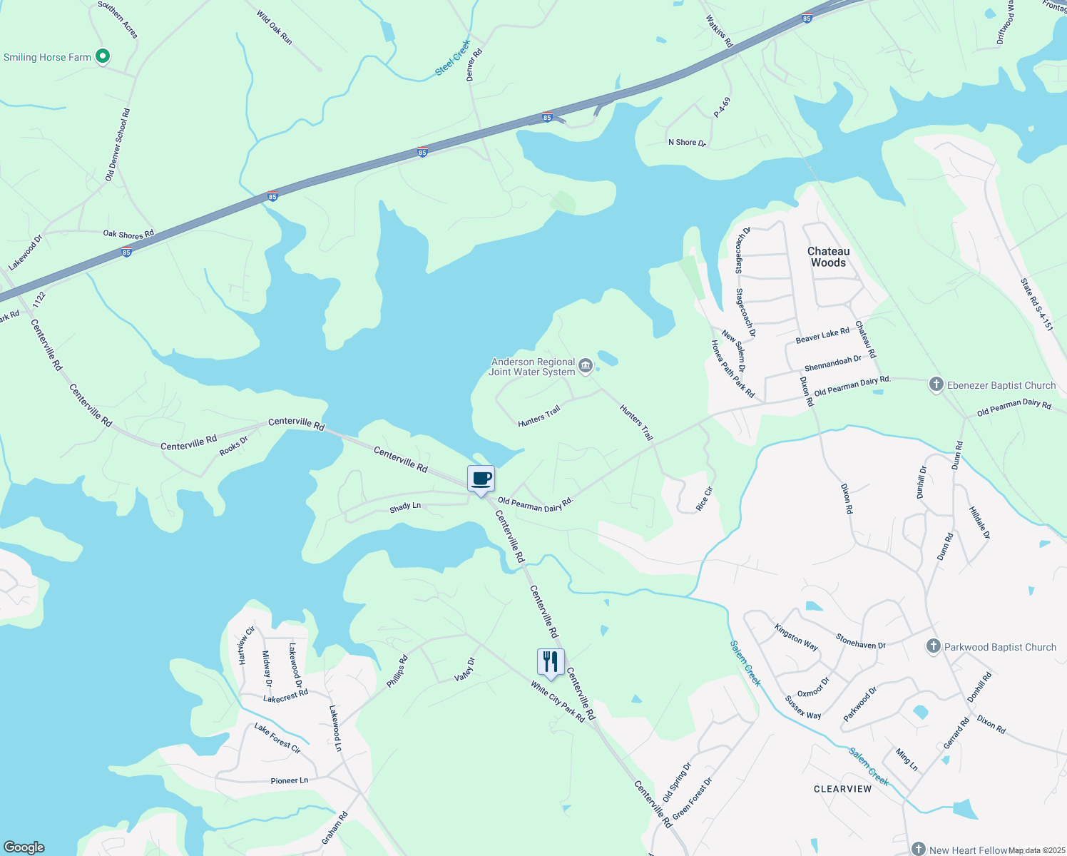 map of restaurants, bars, coffee shops, grocery stores, and more near 1422 Hunters Trail in Anderson