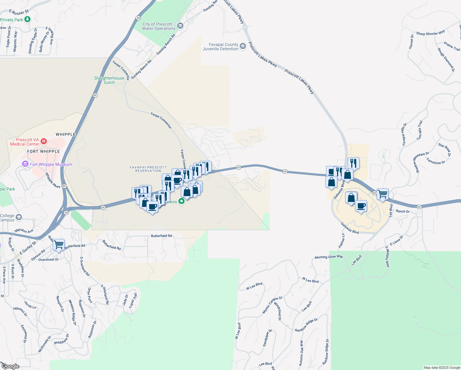map of restaurants, bars, coffee shops, grocery stores, and more near 520 Memorial Avenue in Prescott