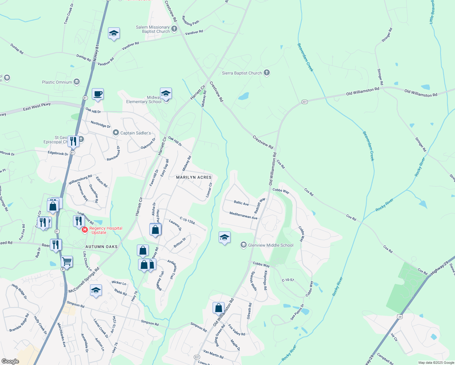 map of restaurants, bars, coffee shops, grocery stores, and more near 155 Mediterranean Avenue in Anderson