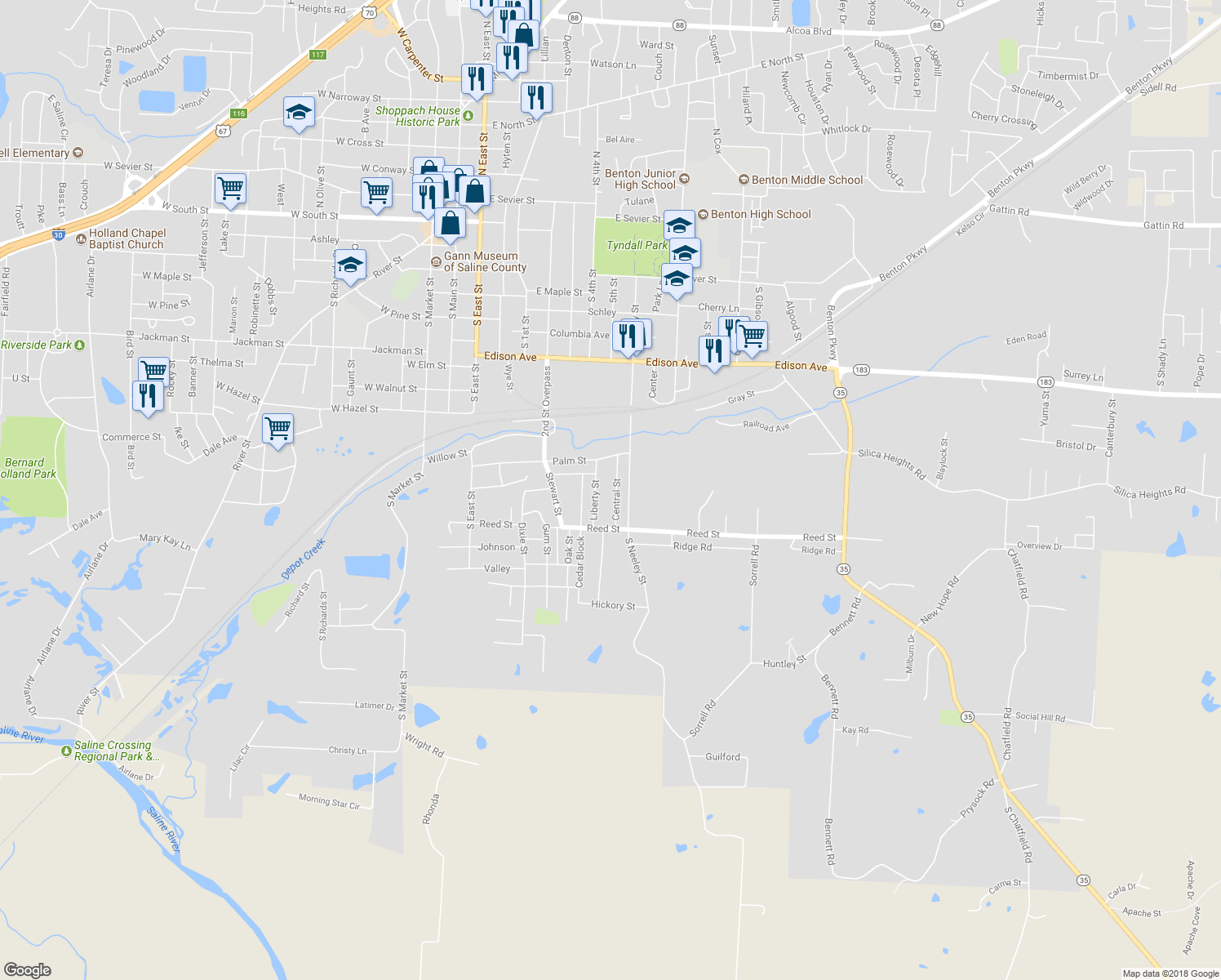 map of restaurants, bars, coffee shops, grocery stores, and more near Central in Benton