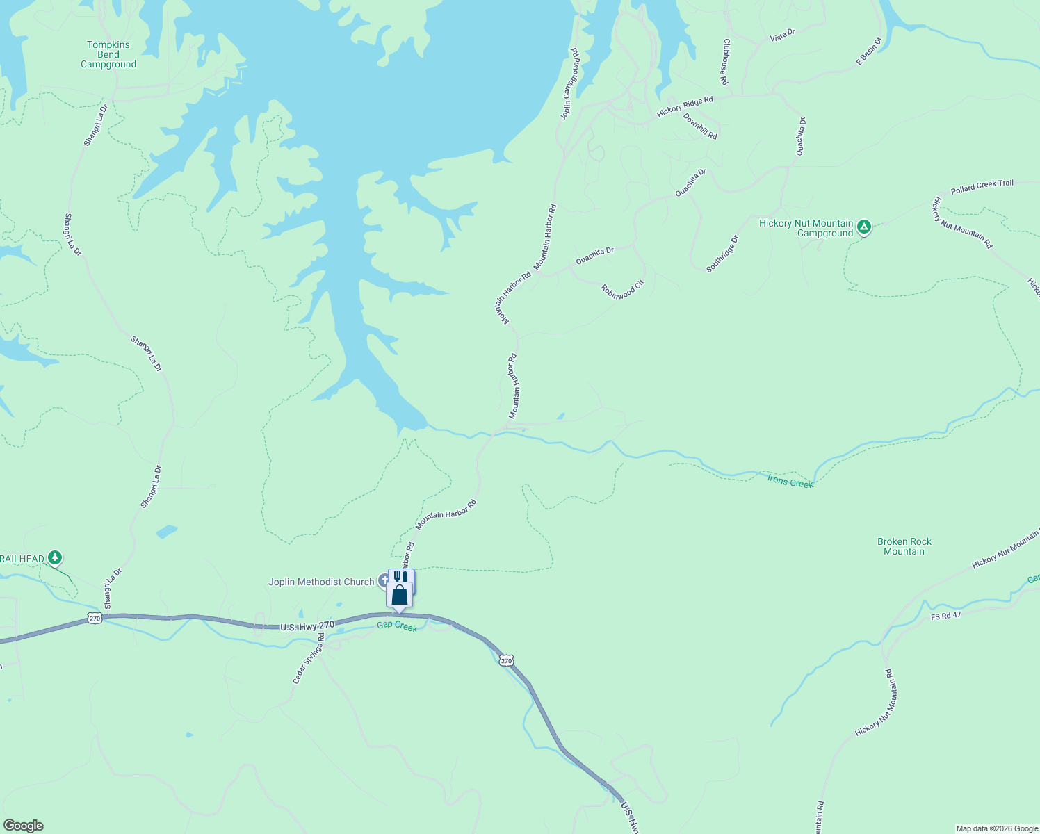 map of restaurants, bars, coffee shops, grocery stores, and more near 24 Harbor Oaks Lane in Mount Ida