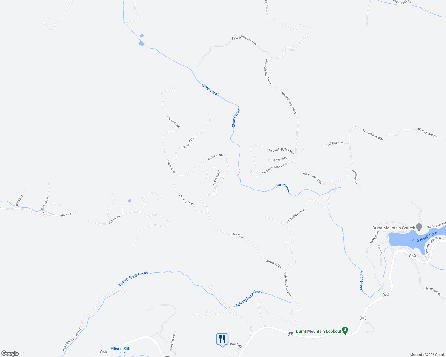 map of restaurants, bars, coffee shops, grocery stores, and more near Andes Ridge in Talking Rock