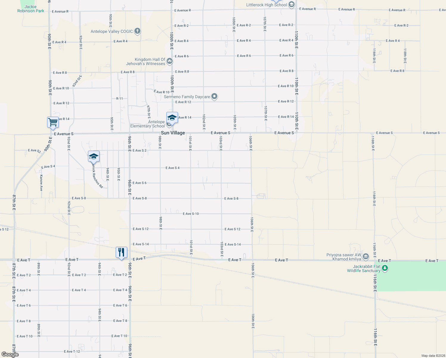 map of restaurants, bars, coffee shops, grocery stores, and more near 36904 103rd Street East in Littlerock