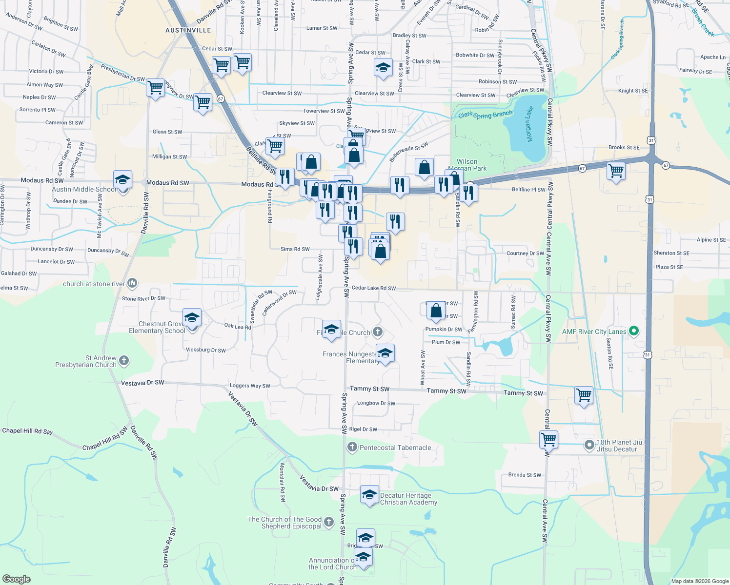 map of restaurants, bars, coffee shops, grocery stores, and more near 807 Cedar Lake Road Southwest in Decatur