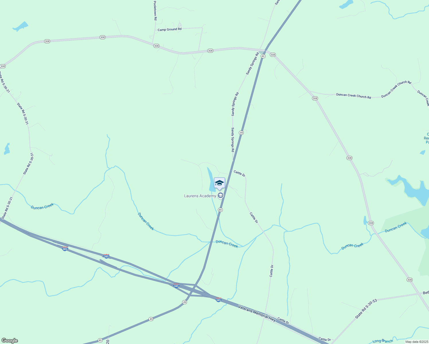 map of restaurants, bars, coffee shops, grocery stores, and more near 103 Eastwinds Drive in Laurens