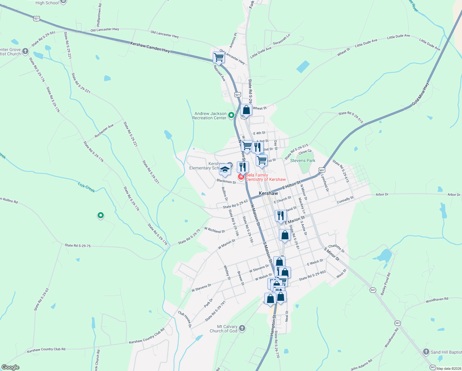 map of restaurants, bars, coffee shops, grocery stores, and more near 125 Blackmon Street in Kershaw