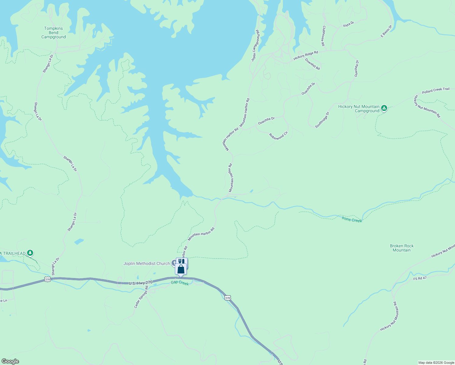 map of restaurants, bars, coffee shops, grocery stores, and more near 24 Harbor Oaks Drive in Mount Ida
