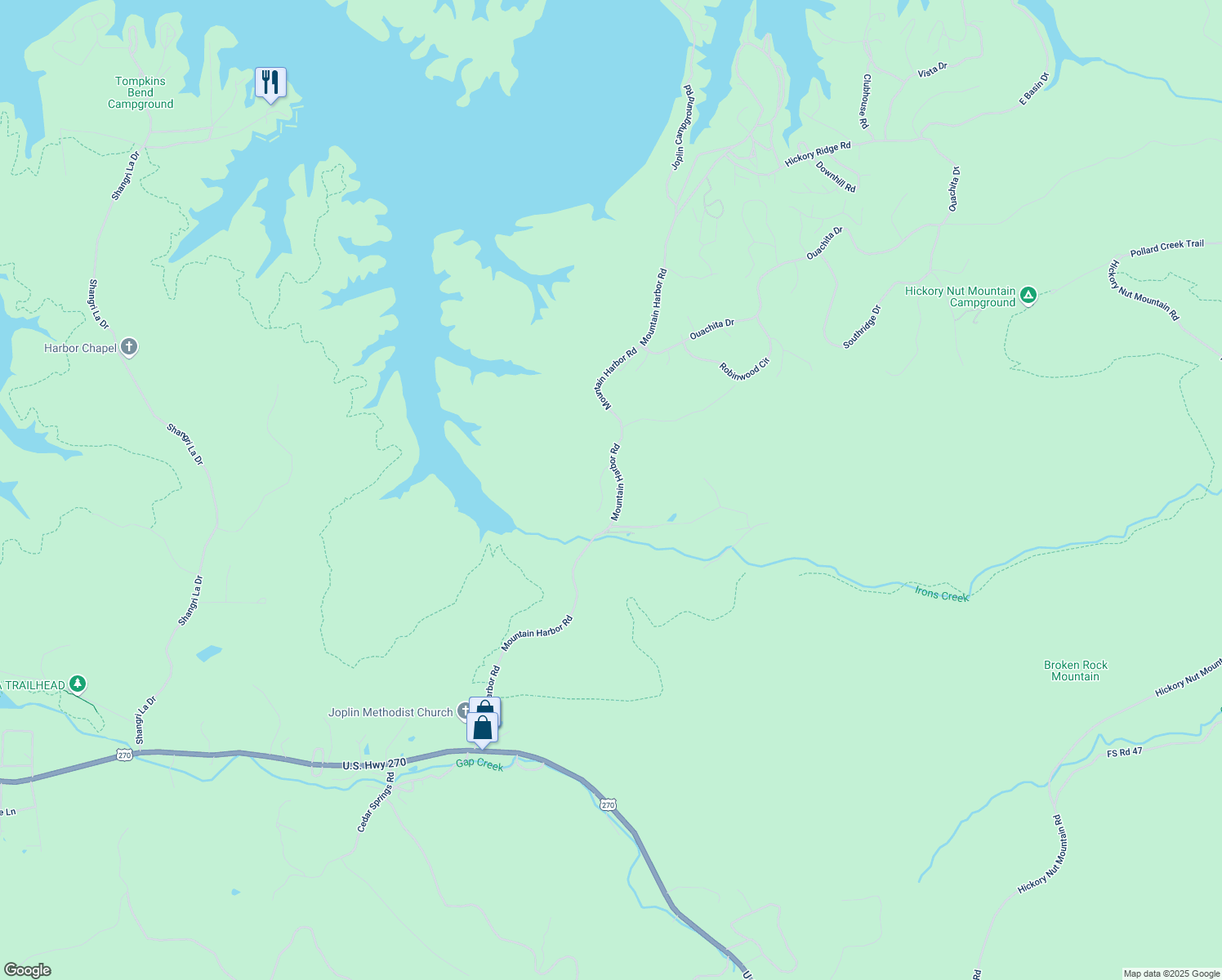map of restaurants, bars, coffee shops, grocery stores, and more near 7 Memory Layne in Mount Ida