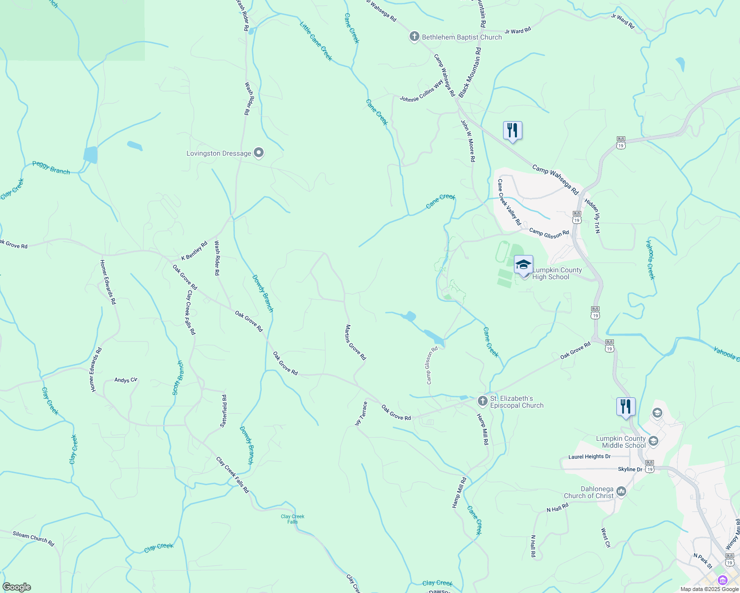 map of restaurants, bars, coffee shops, grocery stores, and more near 100 Falls Mountain Drive in Dahlonega