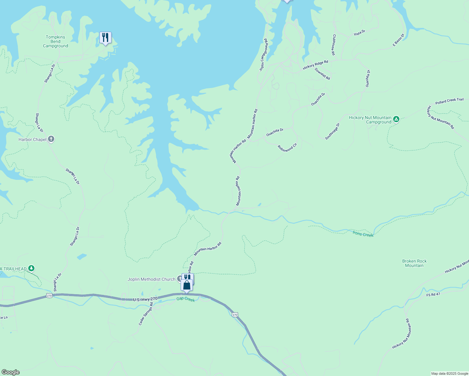 map of restaurants, bars, coffee shops, grocery stores, and more near 7 Memory Layne in Mount Ida