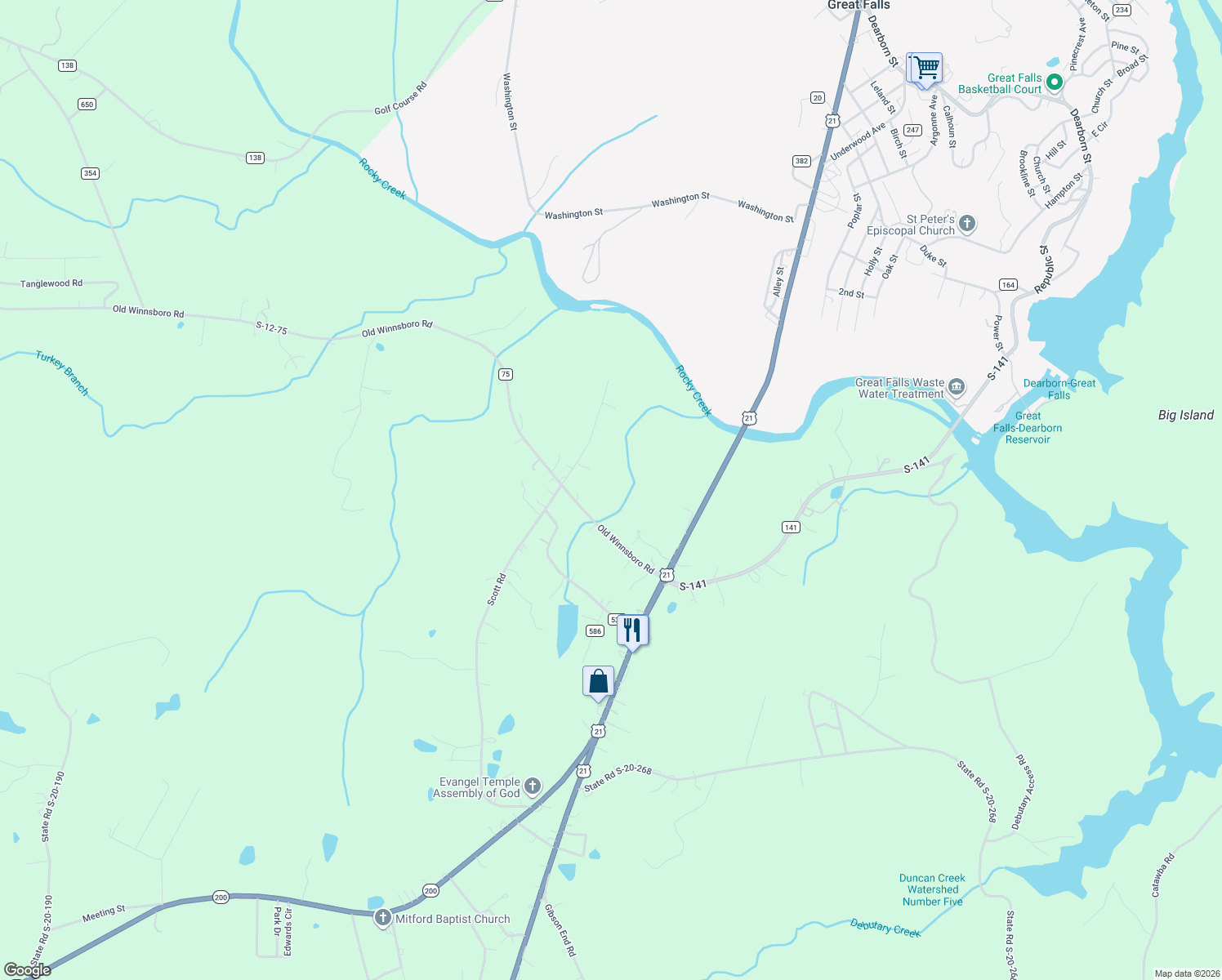 map of restaurants, bars, coffee shops, grocery stores, and more near 5482 Old Winnsboro Road in Great Falls