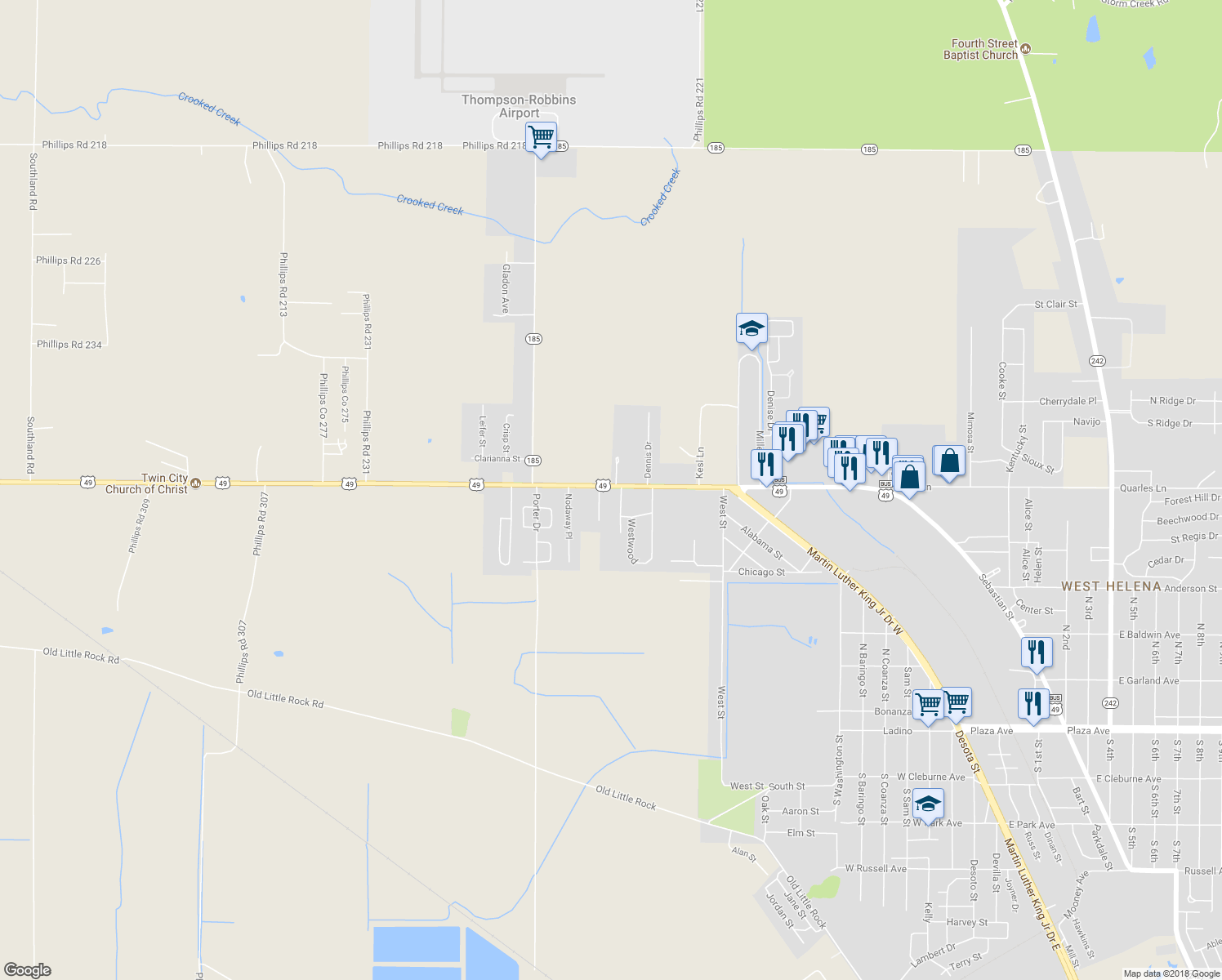 map of restaurants, bars, coffee shops, grocery stores, and more near 1201 U.S. 49 in Helena-West Helena
