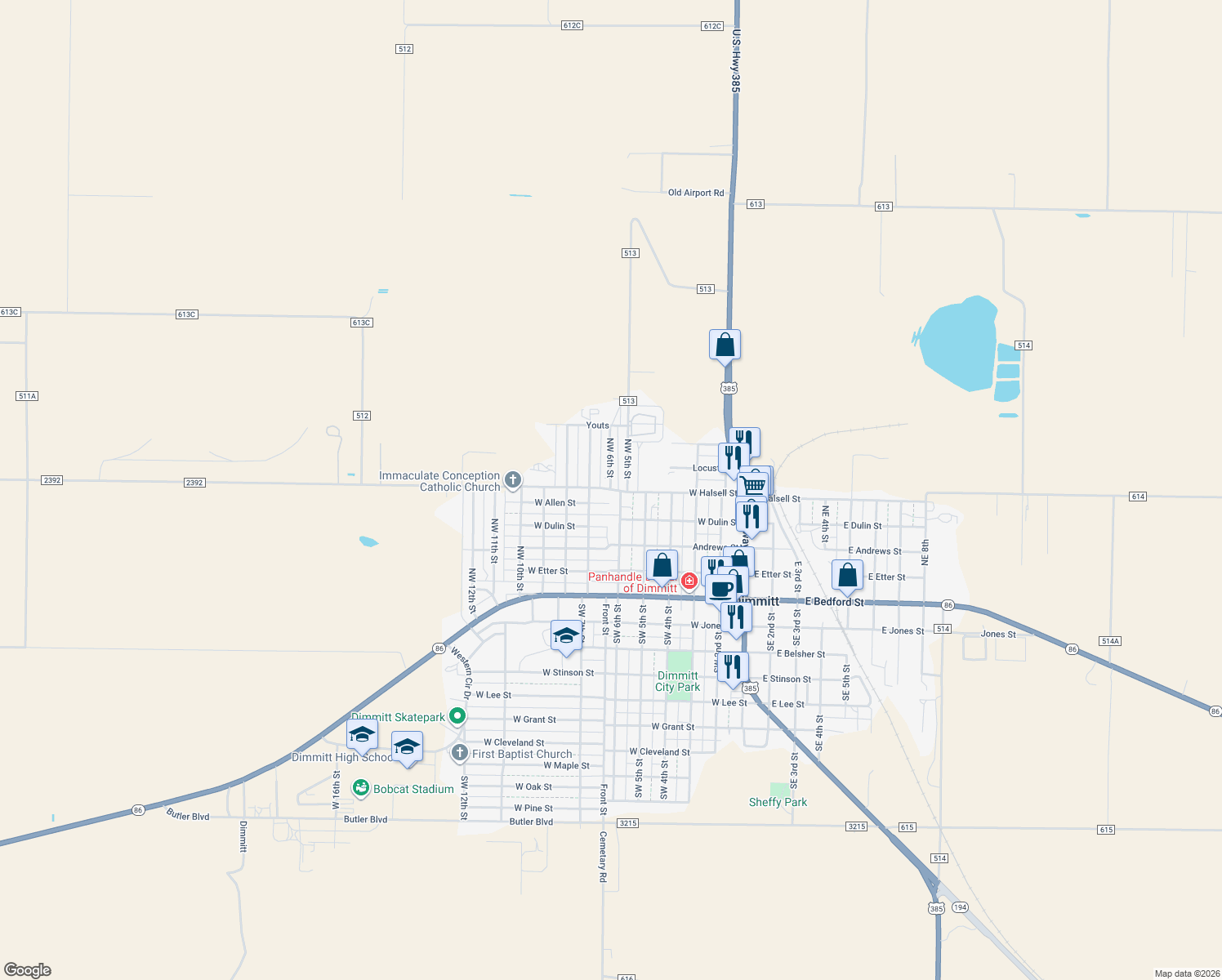 map of restaurants, bars, coffee shops, grocery stores, and more near 625 Farm to Market Road 2392 in Dimmitt