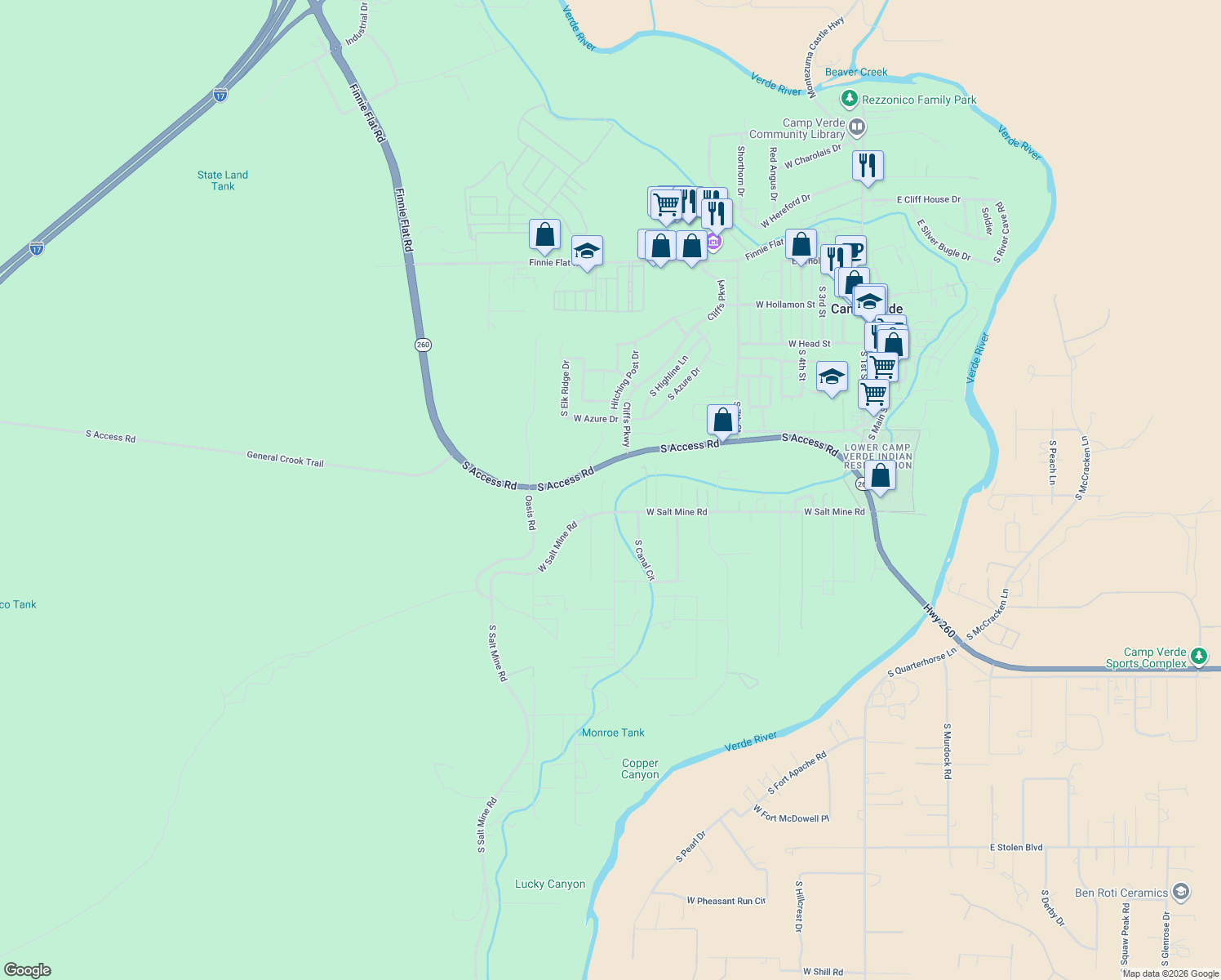 map of restaurants, bars, coffee shops, grocery stores, and more near 788 W Salt Mine Rd in Camp Verde