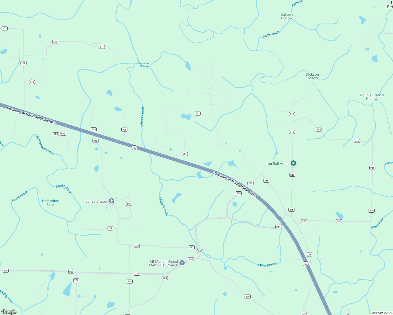 map of restaurants, bars, coffee shops, grocery stores, and more near 17410 Alabama 157 in Moulton