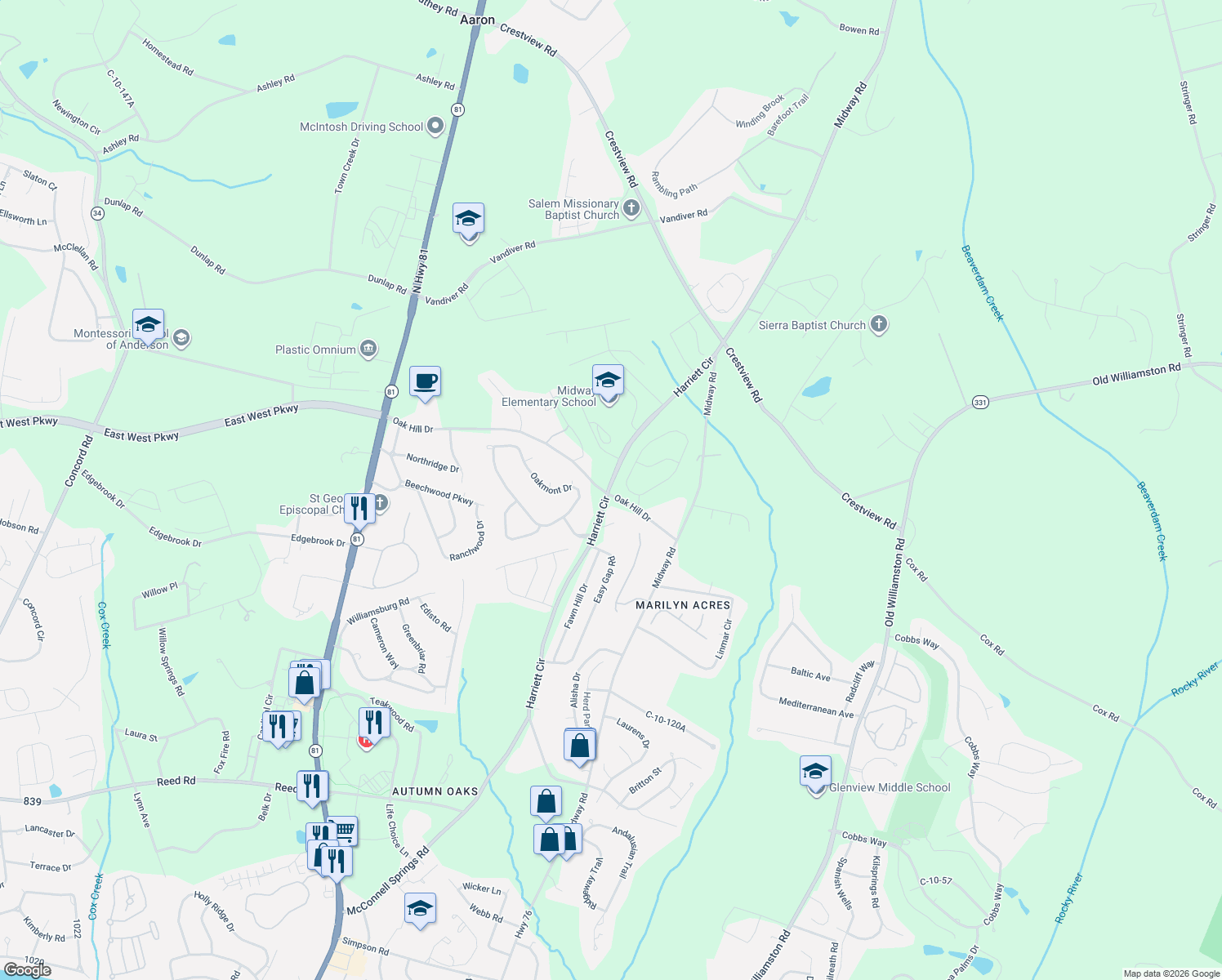 map of restaurants, bars, coffee shops, grocery stores, and more near 1196 Harriett Circle in Anderson