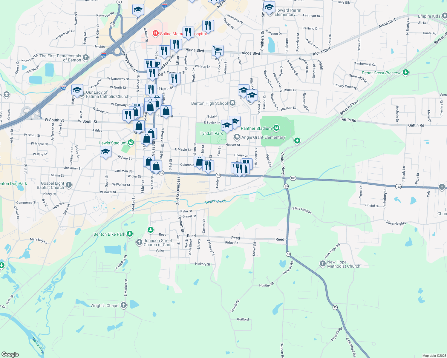 map of restaurants, bars, coffee shops, grocery stores, and more near 711 South Border Street in Benton