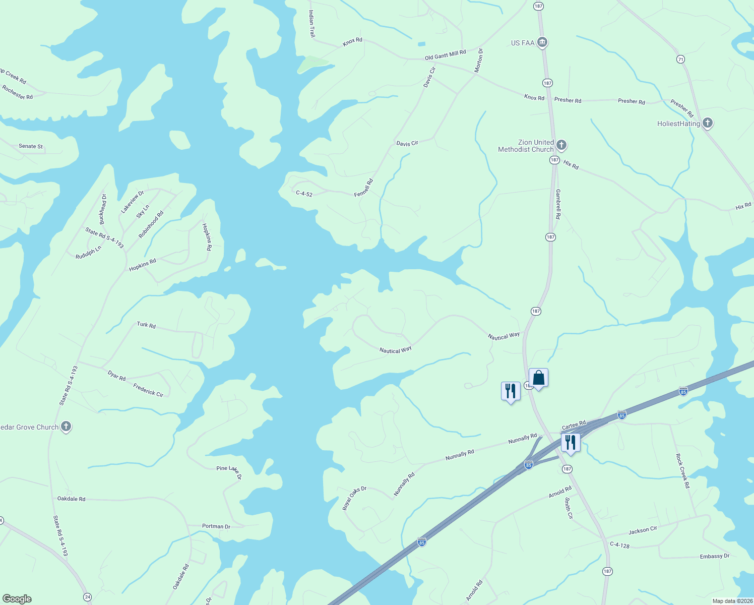 map of restaurants, bars, coffee shops, grocery stores, and more near 613 Wharf Court in Anderson
