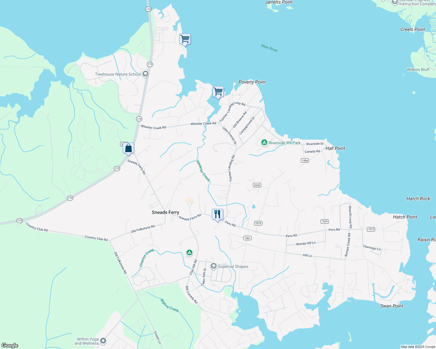 map of restaurants, bars, coffee shops, grocery stores, and more near 113 Minnie Bell Ln in Sneads Ferry